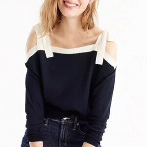 J crew blue merino wool tie cold shoulder sweater large